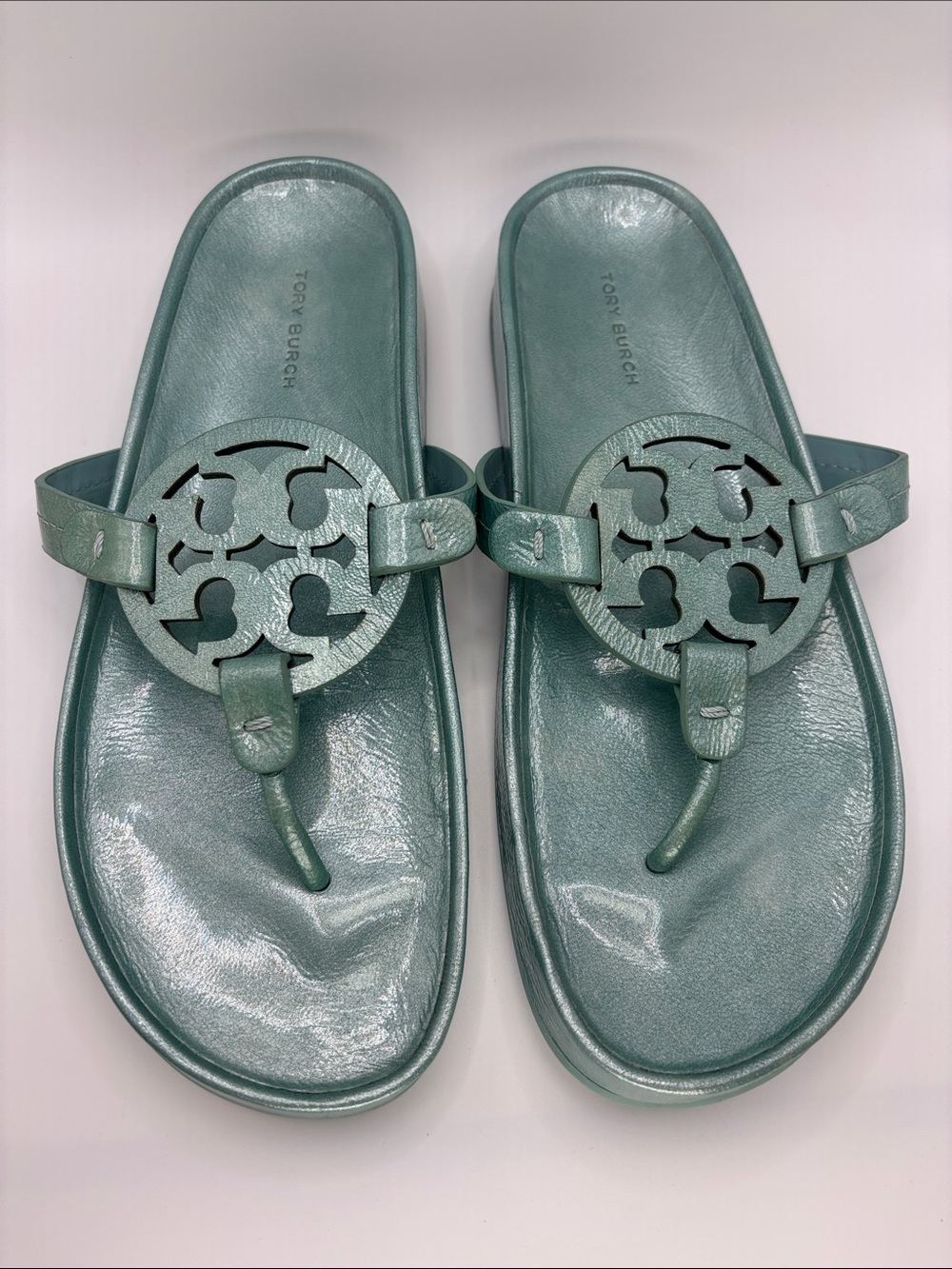Tory Burch Metallic Mint Green Miller Logo Thong Sandals